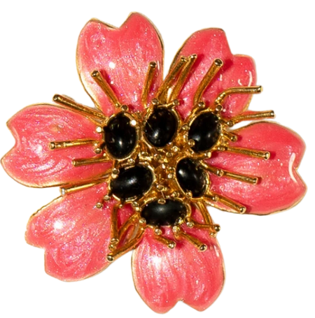ZEIYA Brooches Pink flower-shaped brooch with black centers and gold accents on a white background
