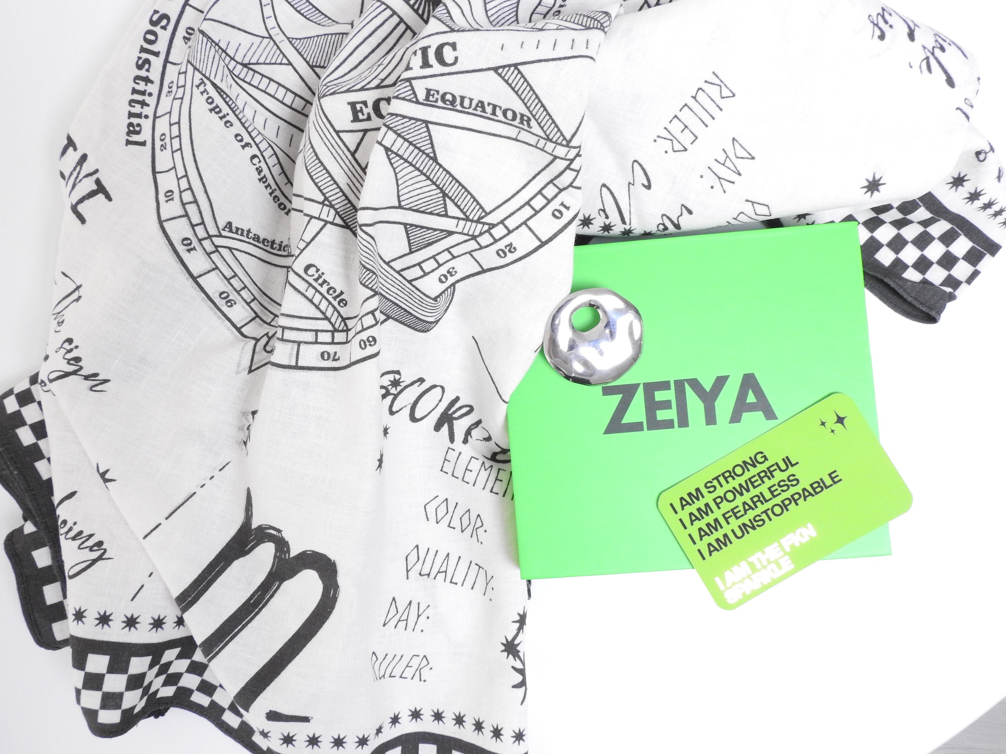 ZODIAC RIVER SCARF & SILVER ROUND BROOCH