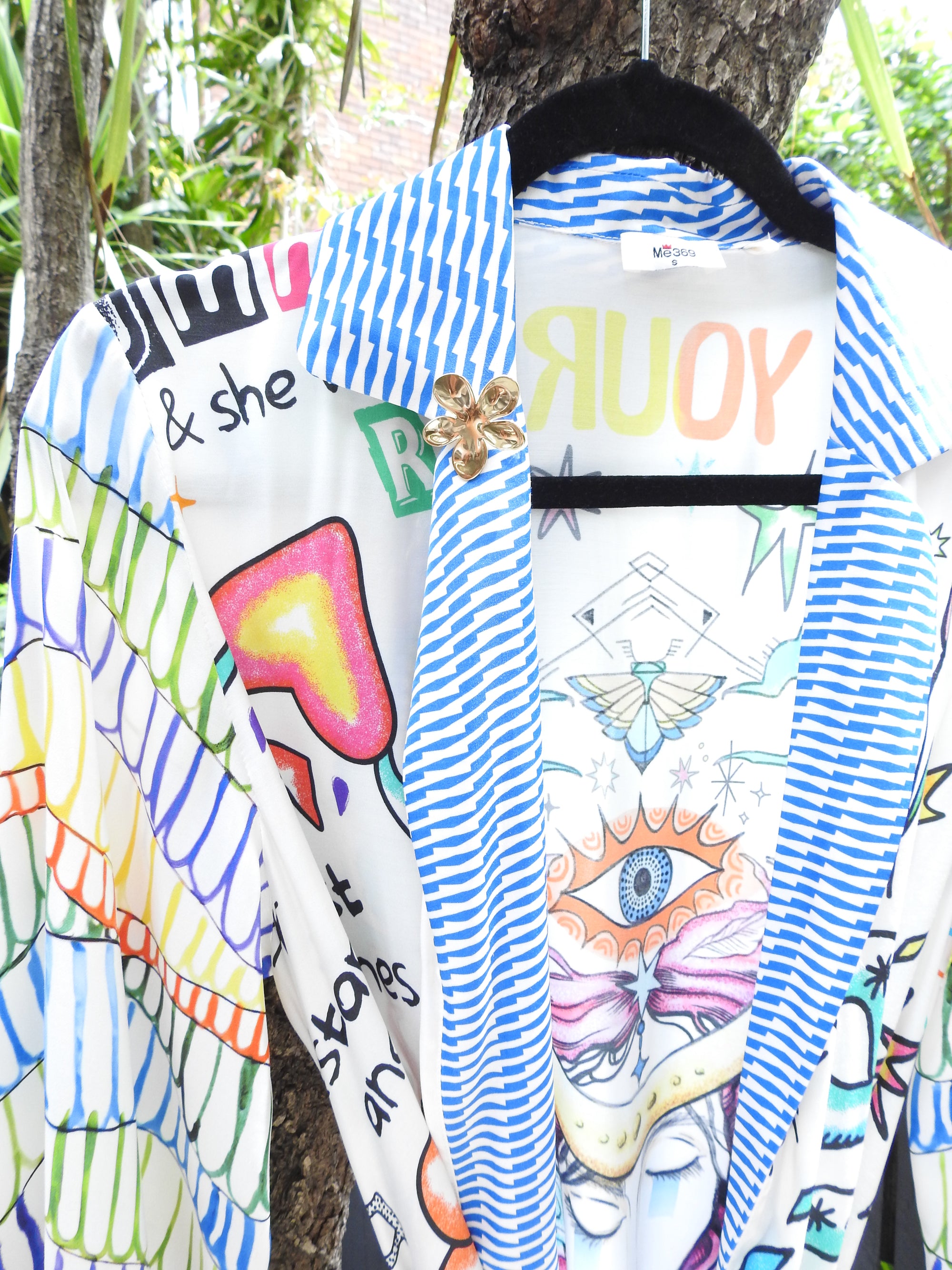 ENLIGHTENMENT LUCIA KIMONO BELTED JACKET & GOLD FUN FLOWER BROOCH