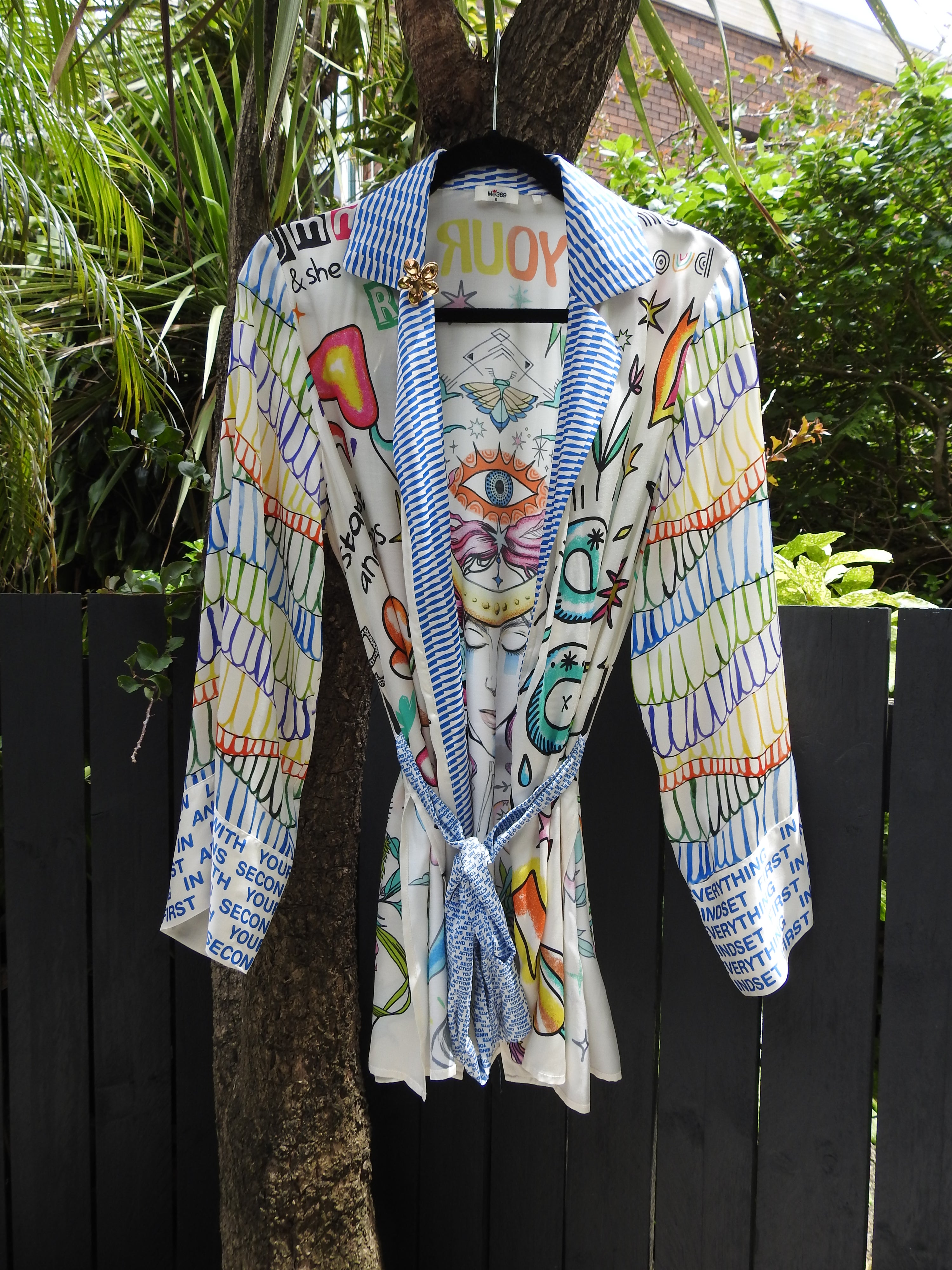 ENLIGHTENMENT LUCIA KIMONO BELTED JACKET & GOLD FUN FLOWER BROOCH